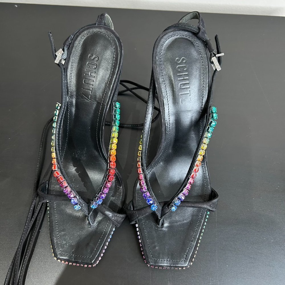 Schutz Vikki Crystal Sandal Nobuck Black with Rainbow Crystals Size 7.5 - Picture 9 of 15